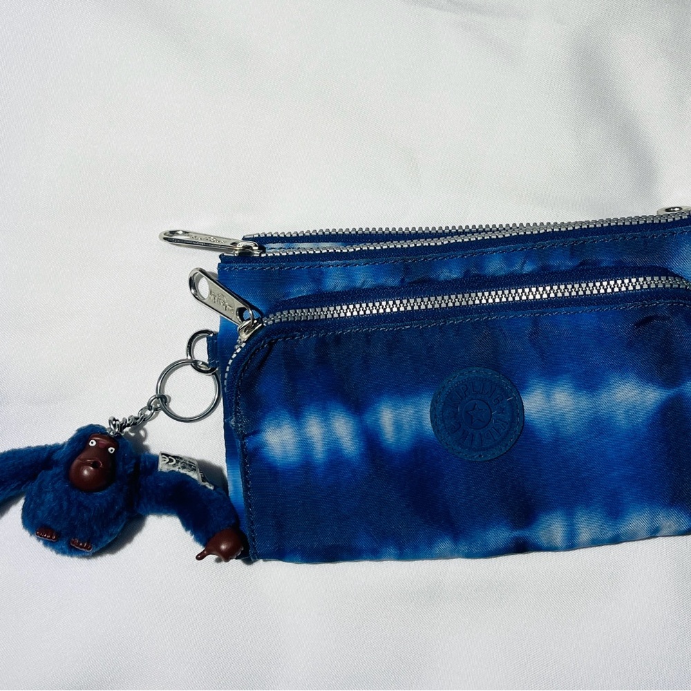 Kipling Blue Tie-Dye Wristlet with Monkey Keychain